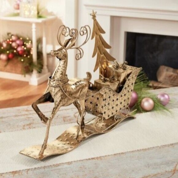NEWSlim Metal Sleigh and Reindeer Centerpiece by Valerie PARR HILL GOLD